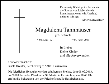 Anzeige von Magdalena Tannhäuser von Kölner Stadt-Anzeiger / Kölnische Rundschau / Express