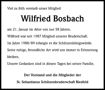 Anzeige von Wilfried Bosbach von Kölner Stadt-Anzeiger / Kölnische Rundschau / Express