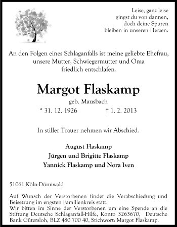 Anzeige von Margot Flaskamp von Kölner Stadt-Anzeiger / Kölnische Rundschau / Express