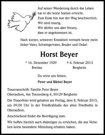 Anzeige von Horst Bayer von Kölner Stadt-Anzeiger / Kölnische Rundschau / Express