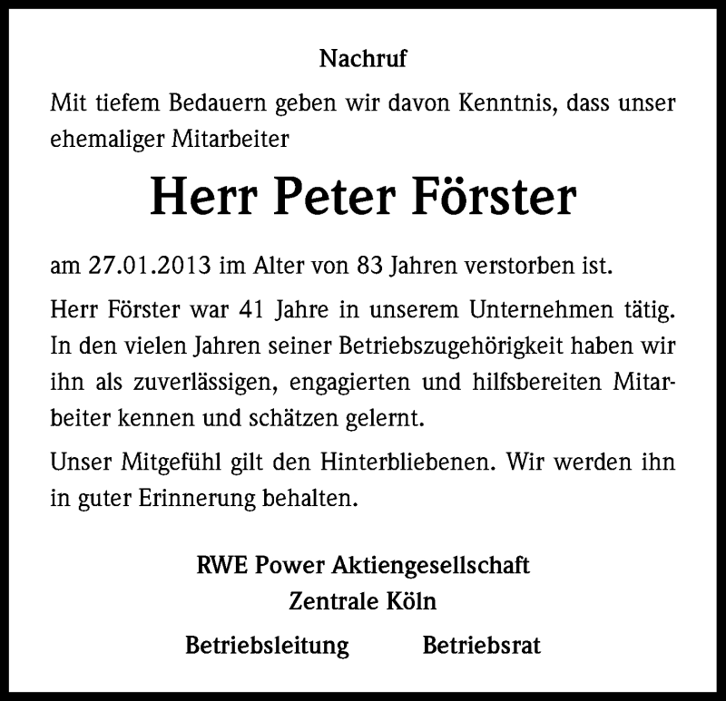  Traueranzeige für Peter Förster vom 08.02.2013 aus Kölner Stadt-Anzeiger / Kölnische Rundschau / Express