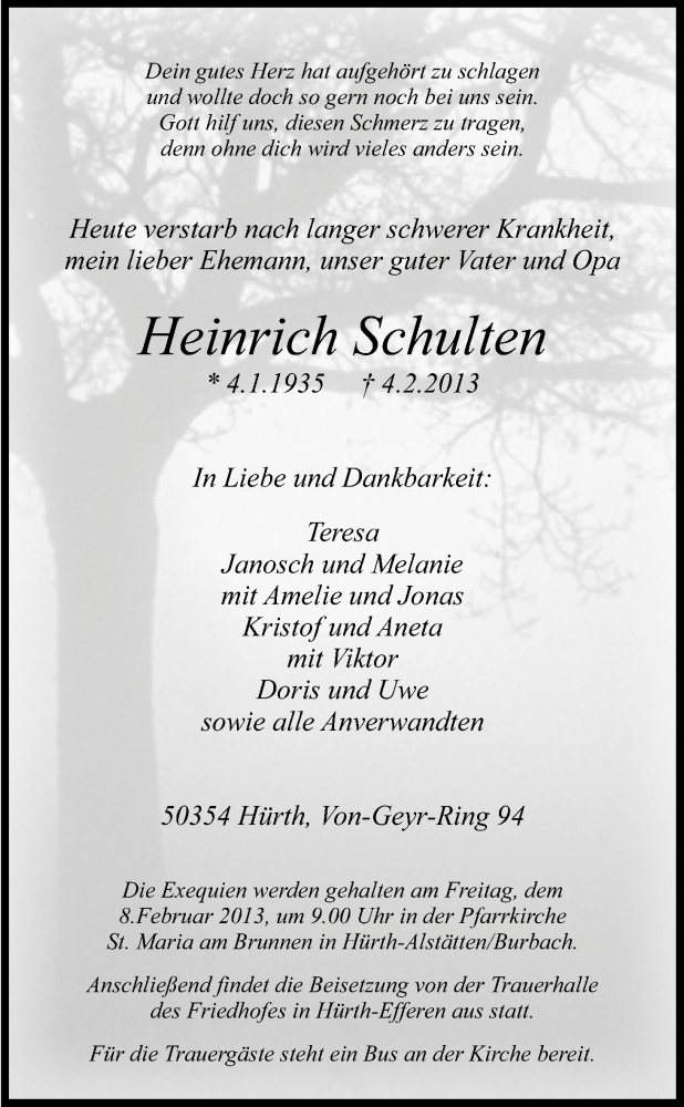  Traueranzeige für Heinrich Schulten vom 07.02.2013 aus Kölner Stadt-Anzeiger / Kölnische Rundschau / Express