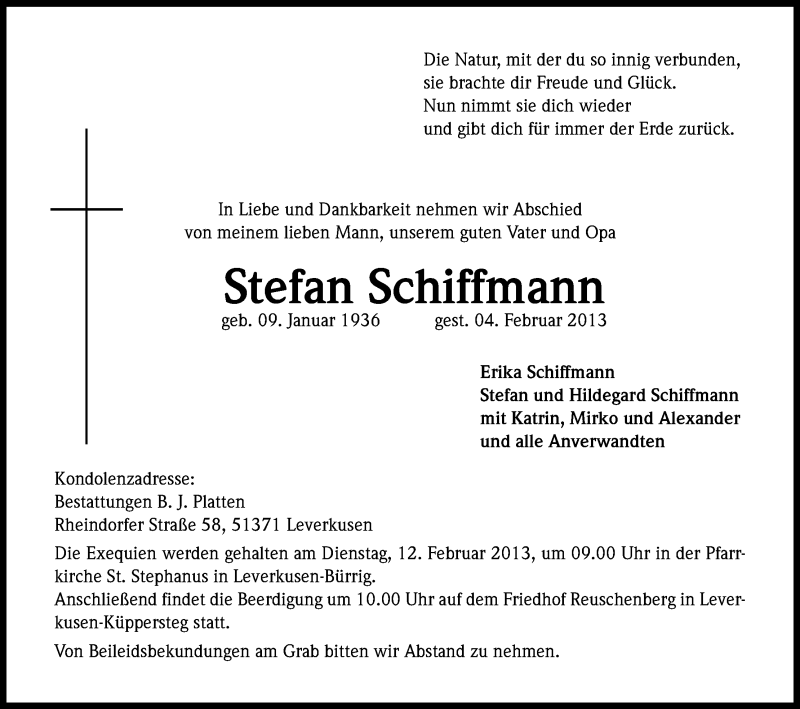  Traueranzeige für Stefan Schiffmann vom 09.02.2013 aus Kölner Stadt-Anzeiger / Kölnische Rundschau / Express