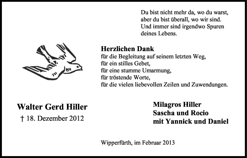 Traueranzeige für Walter Gerd Hiller vom 09.02.2013 aus Kölner Stadt-Anzeiger / Kölnische Rundschau / Express
