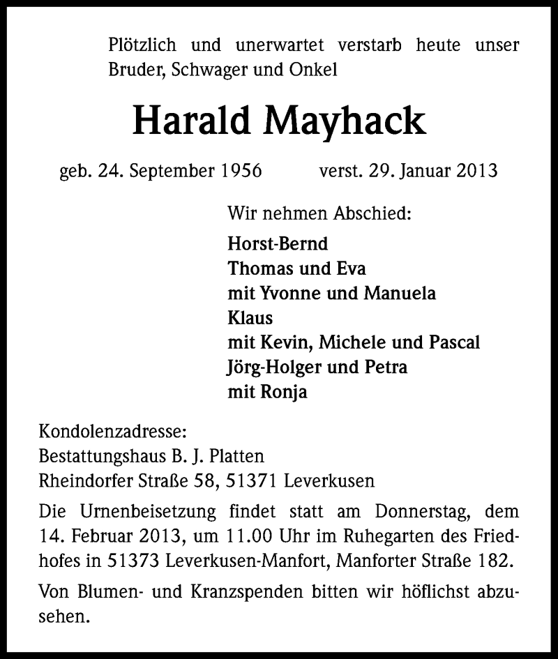  Traueranzeige für Harald Mayhack vom 09.02.2013 aus Kölner Stadt-Anzeiger / Kölnische Rundschau / Express