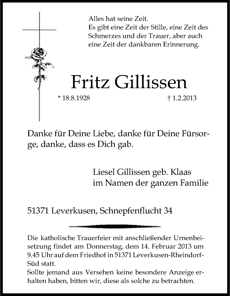  Traueranzeige für Fritz Gillissen vom 09.02.2013 aus Kölner Stadt-Anzeiger / Kölnische Rundschau / Express