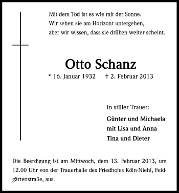 Anzeige von Otto Schanz von Kölner Stadt-Anzeiger / Kölnische Rundschau / Express