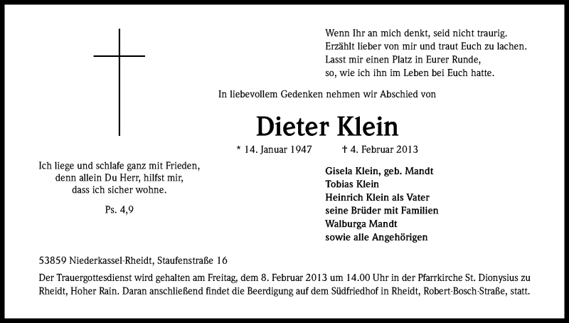  Traueranzeige für Dieter Klein vom 07.02.2013 aus Kölner Stadt-Anzeiger / Kölnische Rundschau / Express