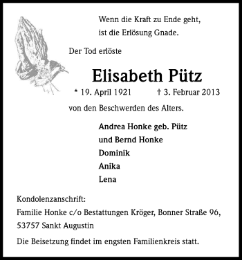 Anzeige von Elisabeth Pütz von Kölner Stadt-Anzeiger / Kölnische Rundschau / Express