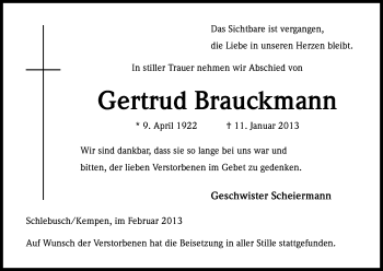 Anzeige von Gertrud Brauckmann von Kölner Stadt-Anzeiger / Kölnische Rundschau / Express
