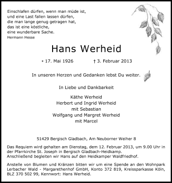 Anzeige von Hans Werheid von Kölner Stadt-Anzeiger / Kölnische Rundschau / Express