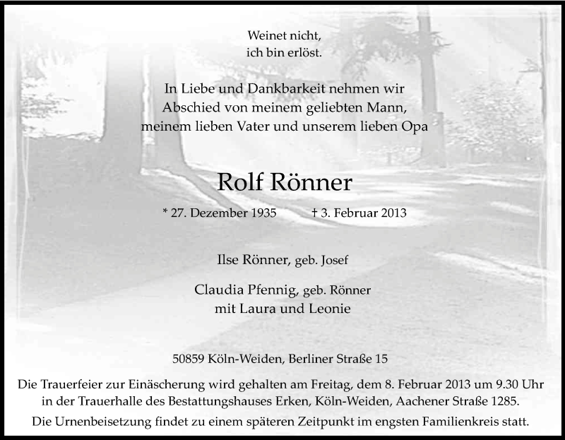  Traueranzeige für Rolf Rönner vom 07.02.2013 aus Kölner Stadt-Anzeiger / Kölnische Rundschau / Express