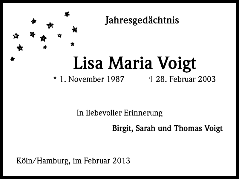  Traueranzeige für Lisa Maria Voigt vom 28.02.2013 aus Kölner Stadt-Anzeiger / Kölnische Rundschau / Express