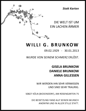 Anzeige von Willi Brunkow von Kölner Stadt-Anzeiger / Kölnische Rundschau / Express