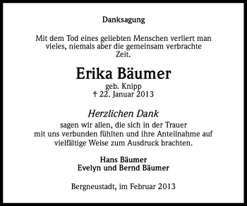 Anzeige von Erika Bäumer von Kölner Stadt-Anzeiger / Kölnische Rundschau / Express