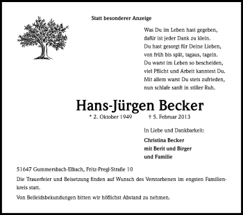 Anzeige von Hans-Jürgen Becker von Kölner Stadt-Anzeiger / Kölnische Rundschau / Express