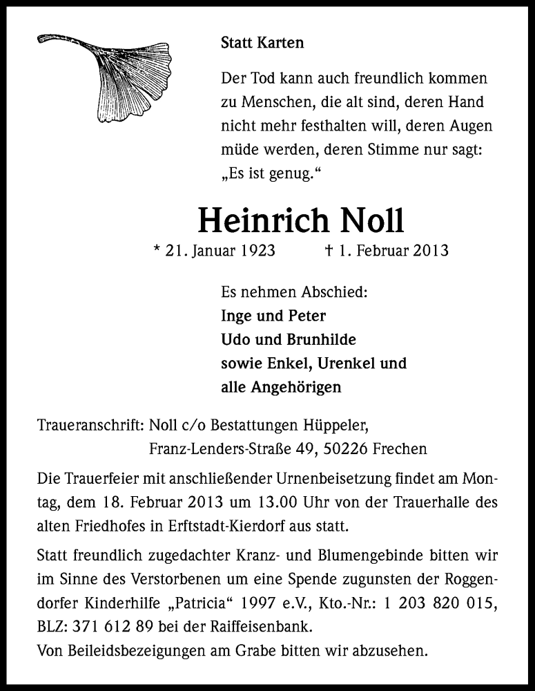  Traueranzeige für Heinrich Noll vom 09.02.2013 aus Kölner Stadt-Anzeiger / Kölnische Rundschau / Express