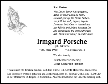 Anzeige von Irmgard Porsche von Kölner Stadt-Anzeiger / Kölnische Rundschau / Express