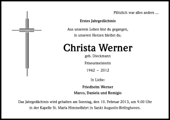 Anzeige von Christa Werner von Kölner Stadt-Anzeiger / Kölnische Rundschau / Express