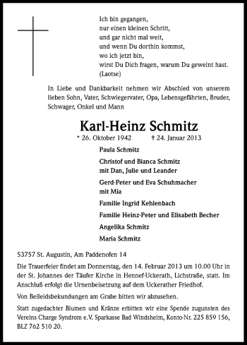 Anzeige von Karl-Heinz Schmitz von Kölner Stadt-Anzeiger / Kölnische Rundschau / Express