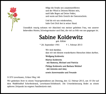 Anzeige von Sabine Koldewitz von Kölner Stadt-Anzeiger / Kölnische Rundschau / Express
