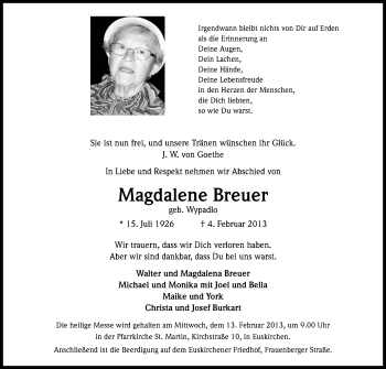 Anzeige von Magdalena Breuer von Kölner Stadt-Anzeiger / Kölnische Rundschau / Express