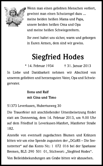 Anzeige von Siegfried Hodes von Kölner Stadt-Anzeiger / Kölnische Rundschau / Express