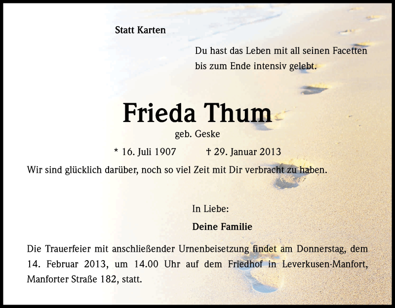  Traueranzeige für Frieda Thum vom 09.02.2013 aus Kölner Stadt-Anzeiger / Kölnische Rundschau / Express