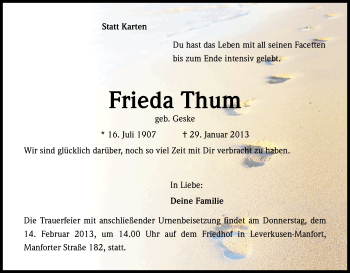 Anzeige von Frieda Thum von Kölner Stadt-Anzeiger / Kölnische Rundschau / Express