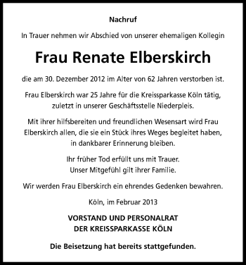 Anzeige von Renate Elberskirch von Kölner Stadt-Anzeiger / Kölnische Rundschau / Express