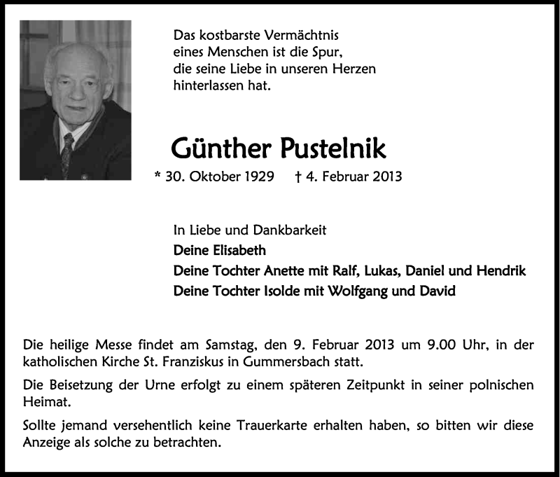  Traueranzeige für Güther Pustelnik vom 07.02.2013 aus Kölner Stadt-Anzeiger / Kölnische Rundschau / Express