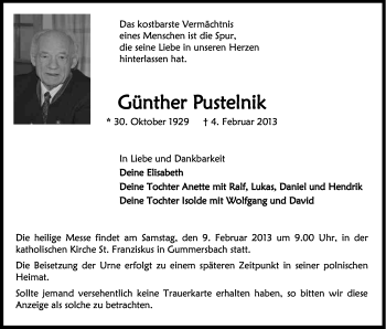 Anzeige von Güther Pustelnik von Kölner Stadt-Anzeiger / Kölnische Rundschau / Express