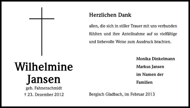  Traueranzeige für Wilhelmine Jansen vom 16.02.2013 aus Kölner Stadt-Anzeiger / Kölnische Rundschau / Express