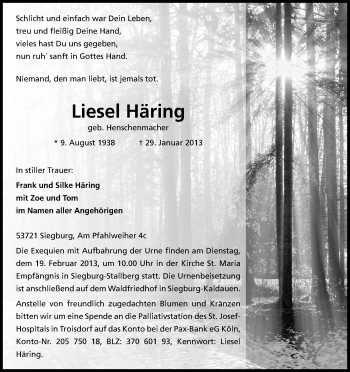 Anzeige von Liesel Häring von Kölner Stadt-Anzeiger / Kölnische Rundschau / Express