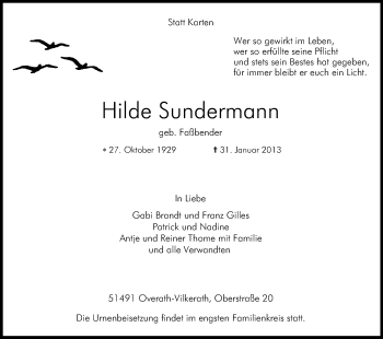 Anzeige von Hilde Sundermann von Kölner Stadt-Anzeiger / Kölnische Rundschau / Express