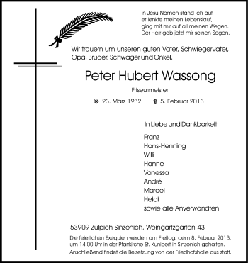 Anzeige von Peter Hubert Wassong von Kölner Stadt-Anzeiger / Kölnische Rundschau / Express