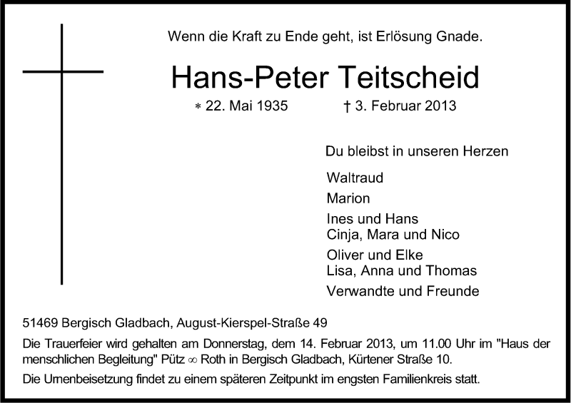  Traueranzeige für Hans-Peter Teitscheid vom 09.02.2013 aus Kölner Stadt-Anzeiger / Kölnische Rundschau / Express
