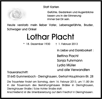 Anzeige von Lothar Placht von Kölner Stadt-Anzeiger / Kölnische Rundschau / Express