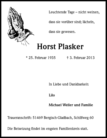 Anzeige von Horst Plasker von Kölner Stadt-Anzeiger / Kölnische Rundschau / Express