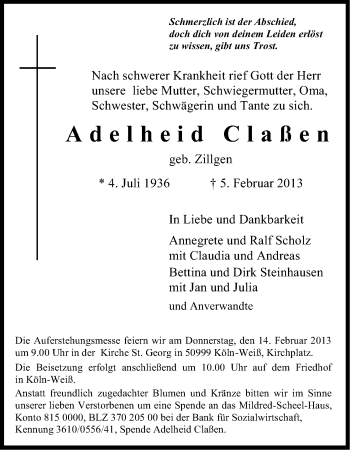 Anzeige von Adelheid Claßen von Kölner Stadt-Anzeiger / Kölnische Rundschau / Express