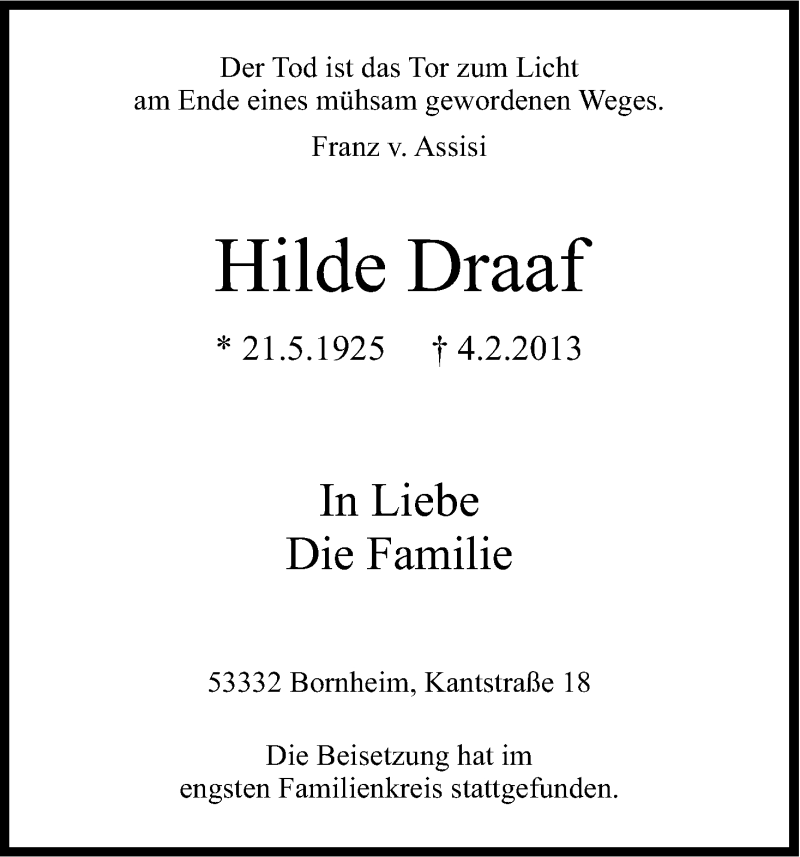  Traueranzeige für Hilde Draaf vom 16.02.2013 aus Kölner Stadt-Anzeiger / Kölnische Rundschau / Express