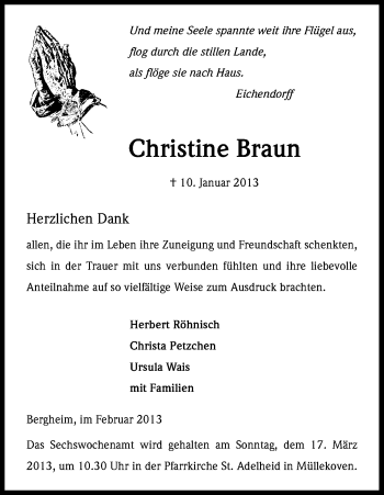 Anzeige von Christine Braun von Kölner Stadt-Anzeiger / Kölnische Rundschau / Express