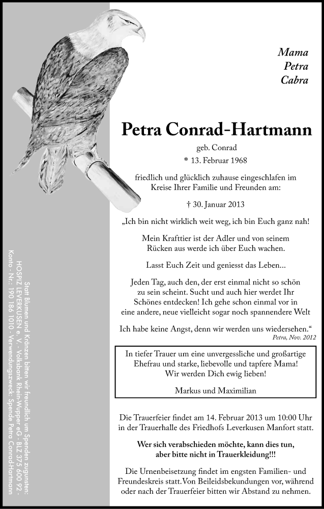  Traueranzeige für Petra Conrad-Hartmann vom 09.02.2013 aus Kölner Stadt-Anzeiger / Kölnische Rundschau / Express