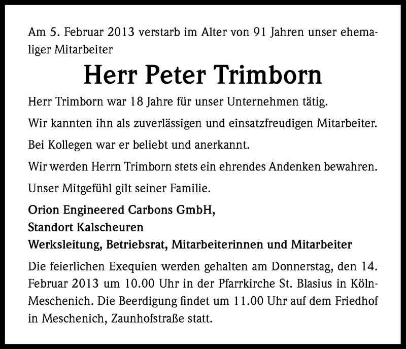  Traueranzeige für Peter Trimborn vom 07.02.2013 aus Kölner Stadt-Anzeiger / Kölnische Rundschau / Express
