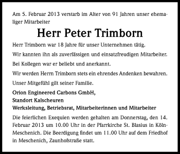 Anzeige von Peter Trimborn von Kölner Stadt-Anzeiger / Kölnische Rundschau / Express
