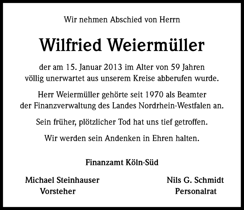  Traueranzeige für Wilfried Weiermüller vom 08.02.2013 aus Kölner Stadt-Anzeiger / Kölnische Rundschau / Express