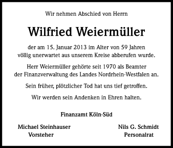 Anzeige von Wilfried Weiermüller von Kölner Stadt-Anzeiger / Kölnische Rundschau / Express