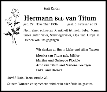 Anzeige von Hermann van Titum von Kölner Stadt-Anzeiger / Kölnische Rundschau / Express