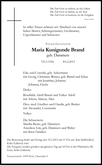 Anzeige von Maria Kunigunde Brand von Kölner Stadt-Anzeiger / Kölnische Rundschau / Express