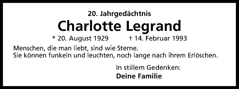  Traueranzeige für Charlotte Legrand vom 14.02.2013 aus Kölner Stadt-Anzeiger / Kölnische Rundschau / Express